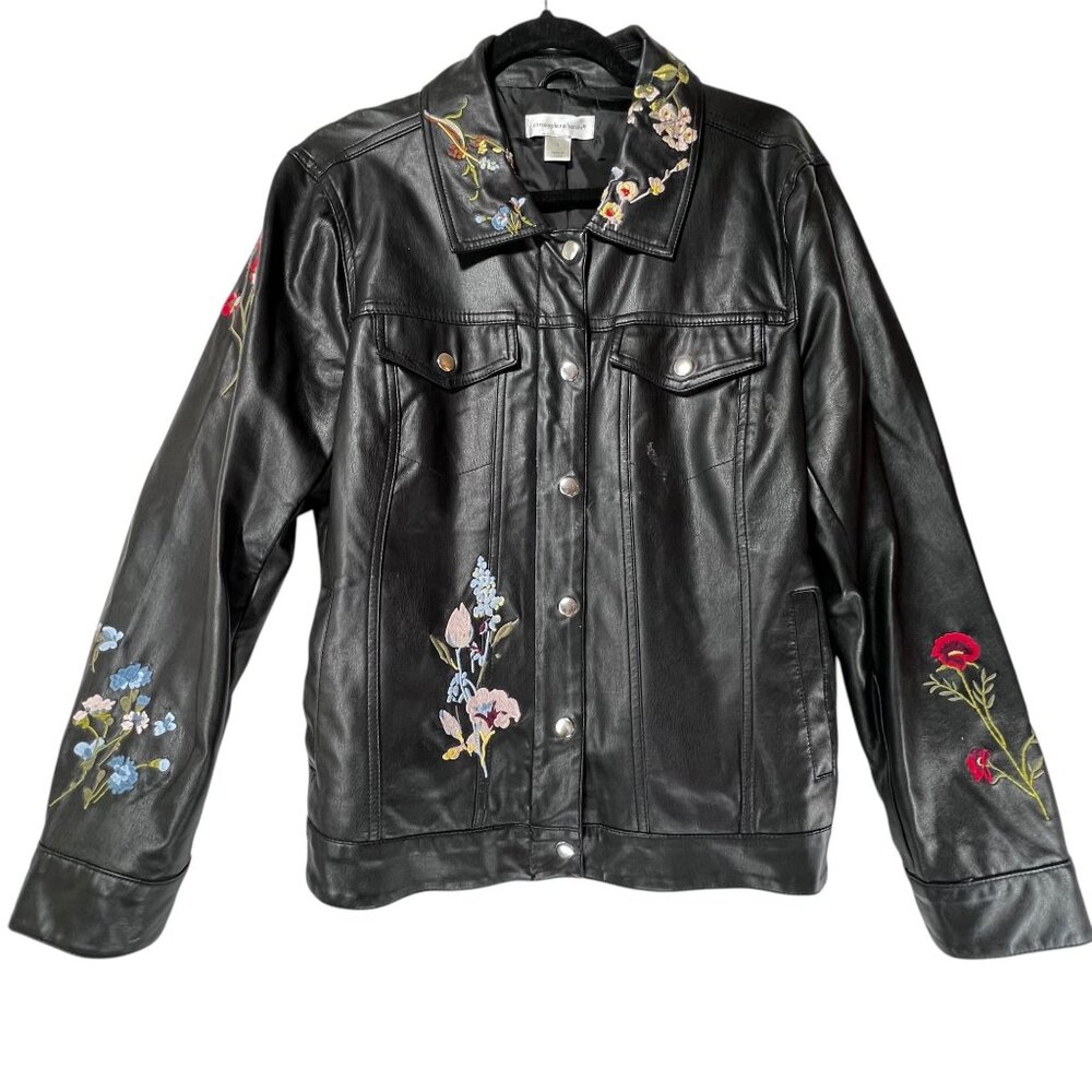 Christopher & Banks Black Faux Leather Jacket Floral Embroidery Snap Zip Large